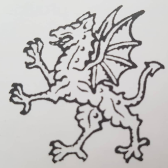 Drawing of a dragon with wings, facing left