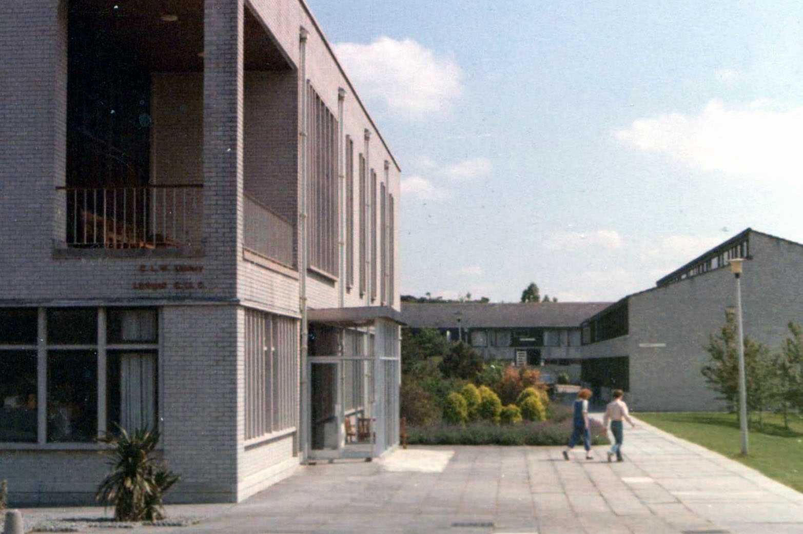 External view of rear and side of Thomas Parry Library with halls of residence in background